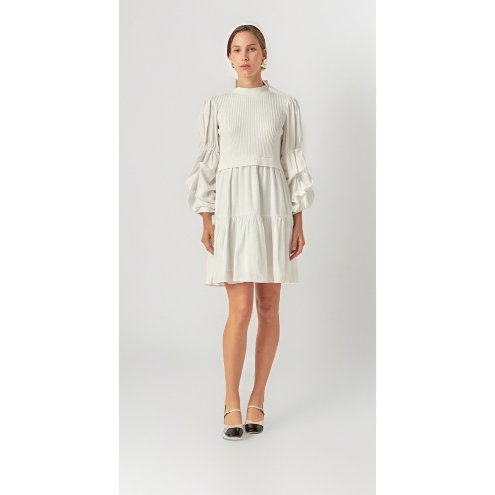 English factory‎ dress M  Mixed Media Ivory Puffy Sleeves NWT